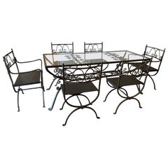 Ensemble de 6 chaises de jardin françaises anciennes et table à manger en métal