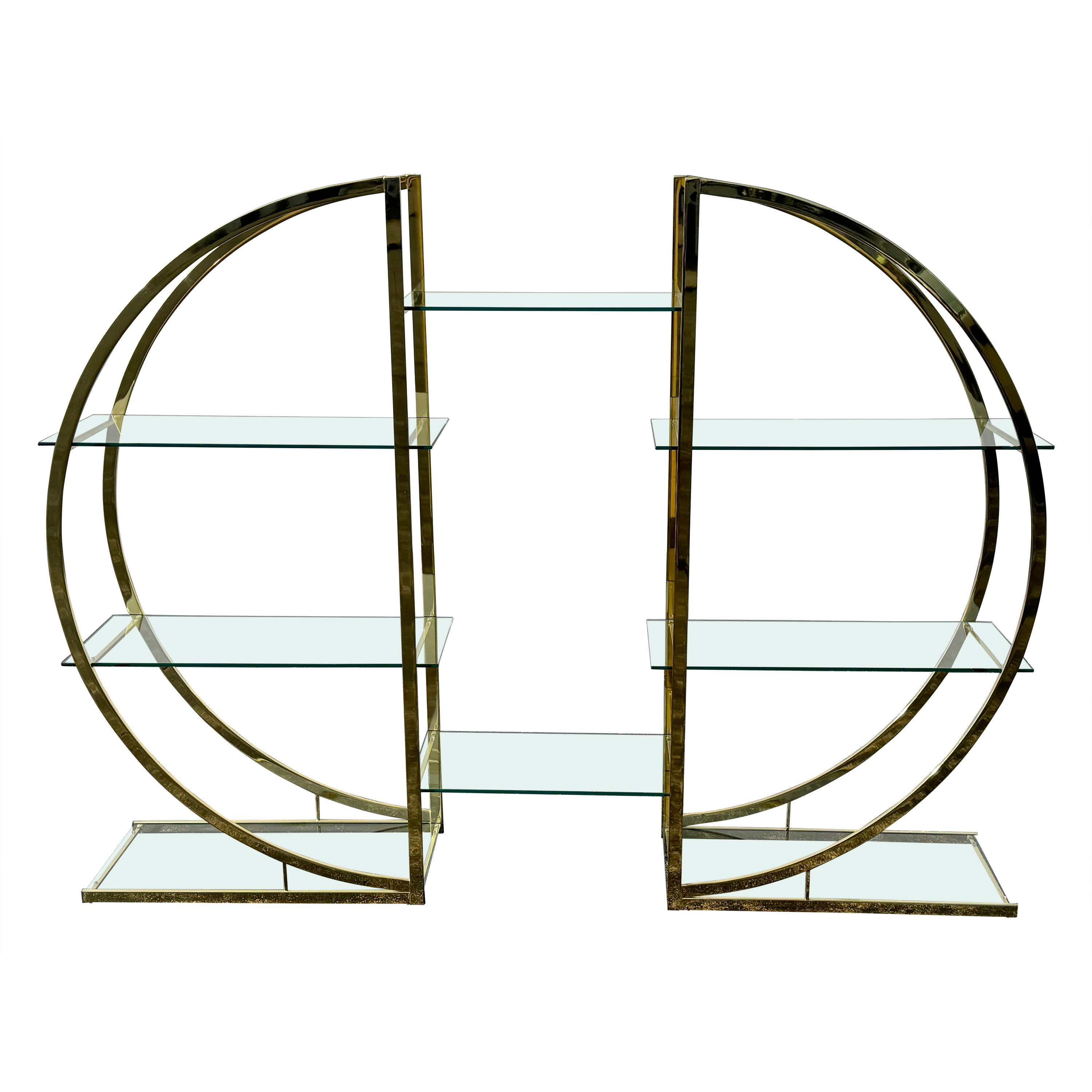 1970er MCM Kreisförmige Messing- oder Gold-Raumteiler-Etagere mit Glasböden