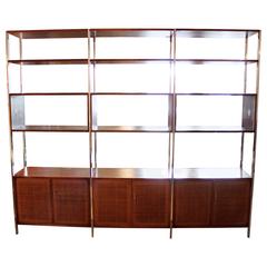 Founders Credenza and Shelving Unit Room Divider, Walnut with Rattan, Glass