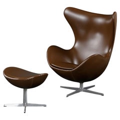 1974 Brown Leather Arne Jacobsen for Fritz Hansen Egg Chair & Ottoman