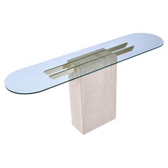 Maitland-Smith Style Brass and Glass Travertine Stone Pedestal Console Table