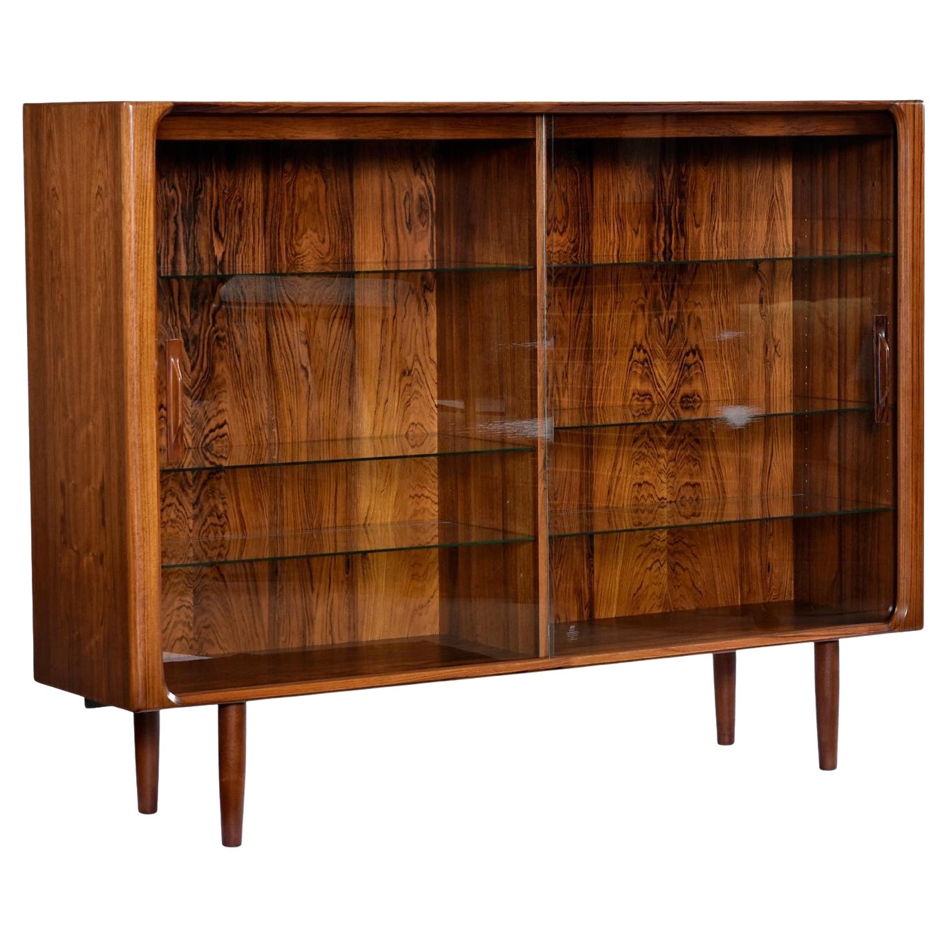 Lighted Danish Rosewood Glass Door Hutch Cabinet Bookcase with Carved Pulls