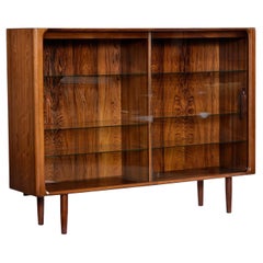 Lighted Danish Rosewood Glass Door Hutch Cabinet Bookcase with Carved Pulls