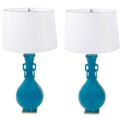 Pair of Mid-Century Turquoise Asian Crackled Ceramic Lamps