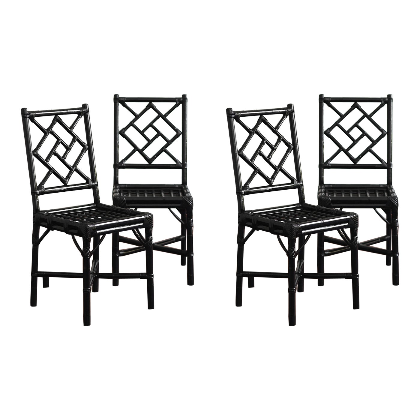 Set of 4 black lacquered rattan chairs, Italy 1970