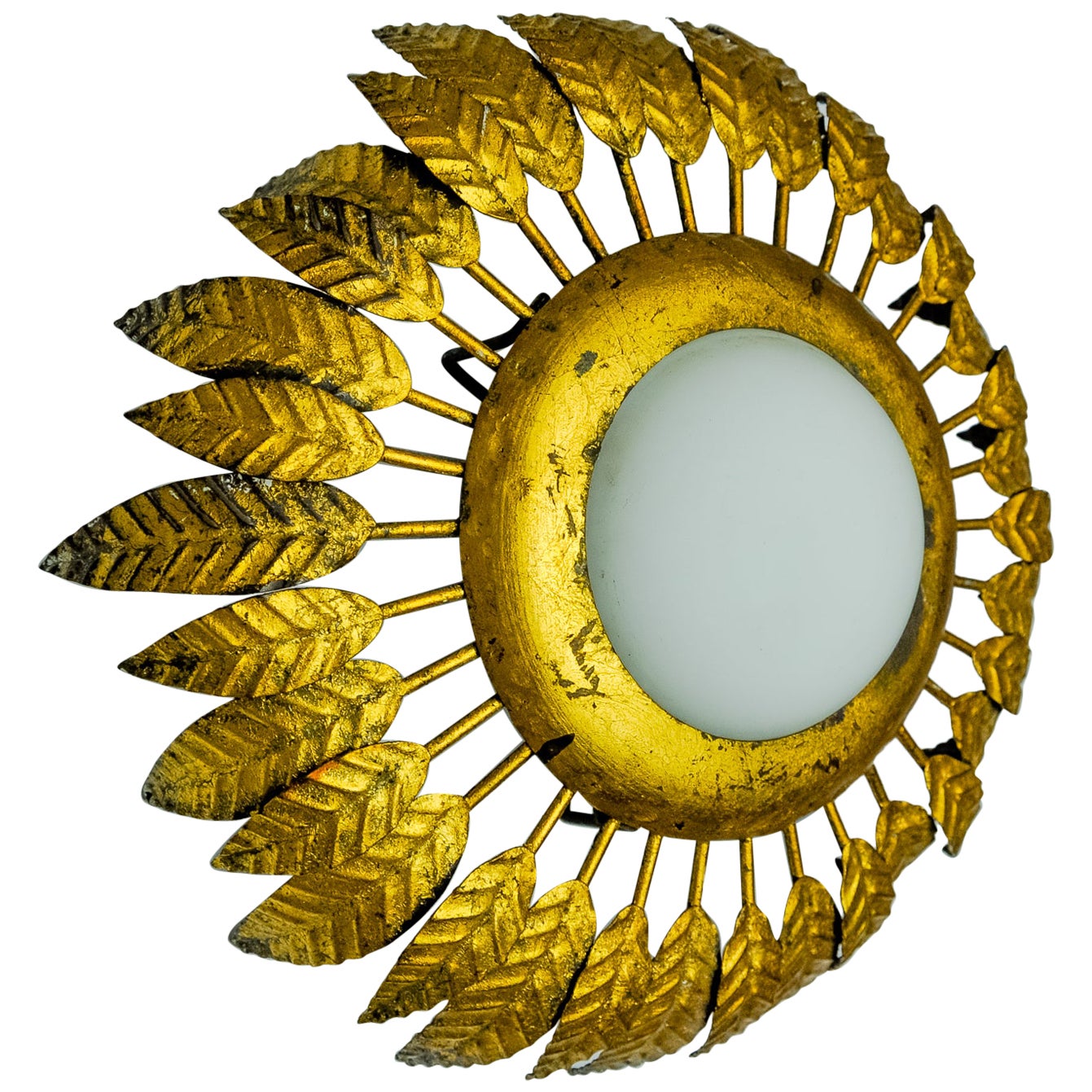Sonnen-Wandleuchte von Ferro Arte aus Metall, Blattgold und Opalglas, Spanien, 1960