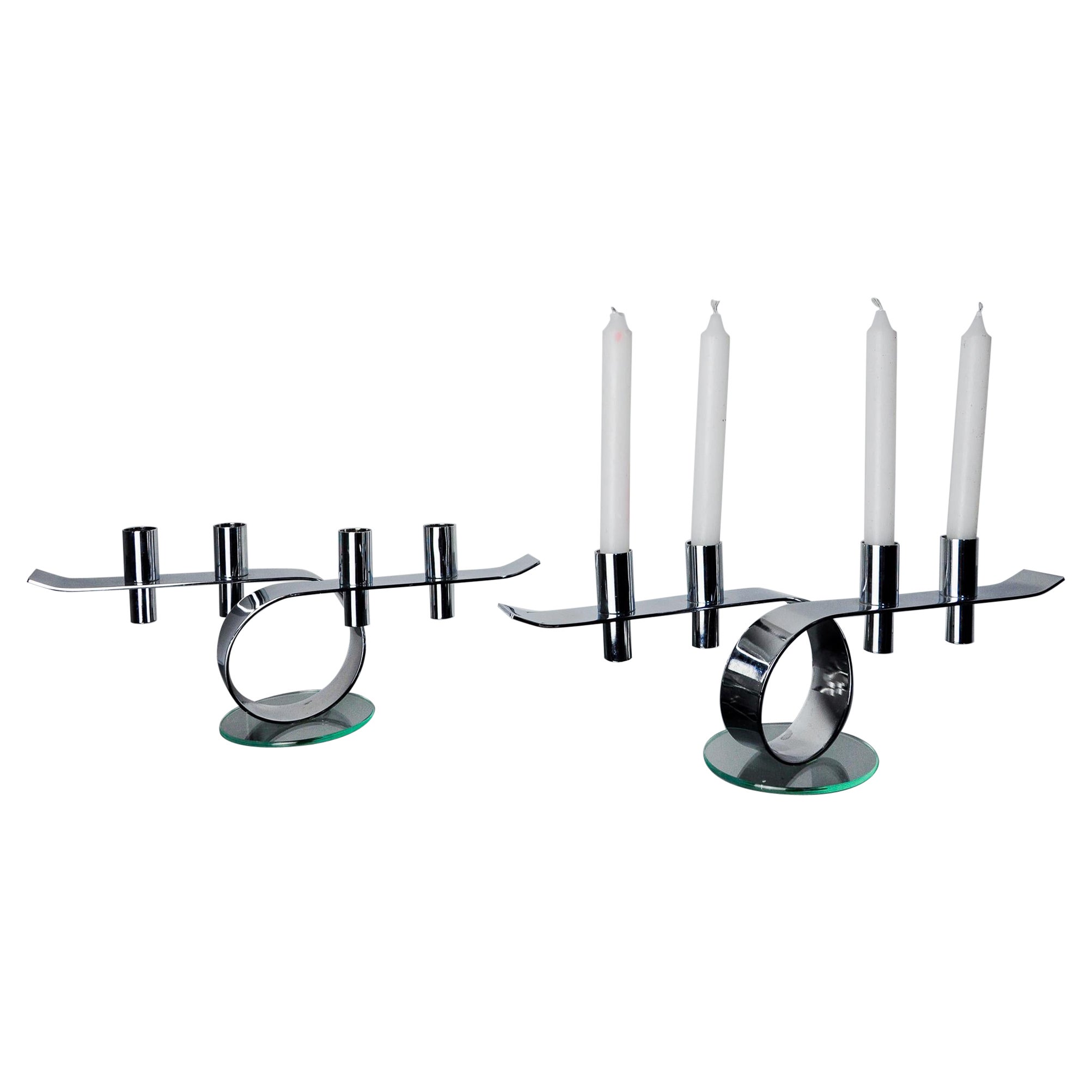 Pareja de candelabros de 4 llamas de la era espacial, vidrio y metal, Alemania, 1980 en venta