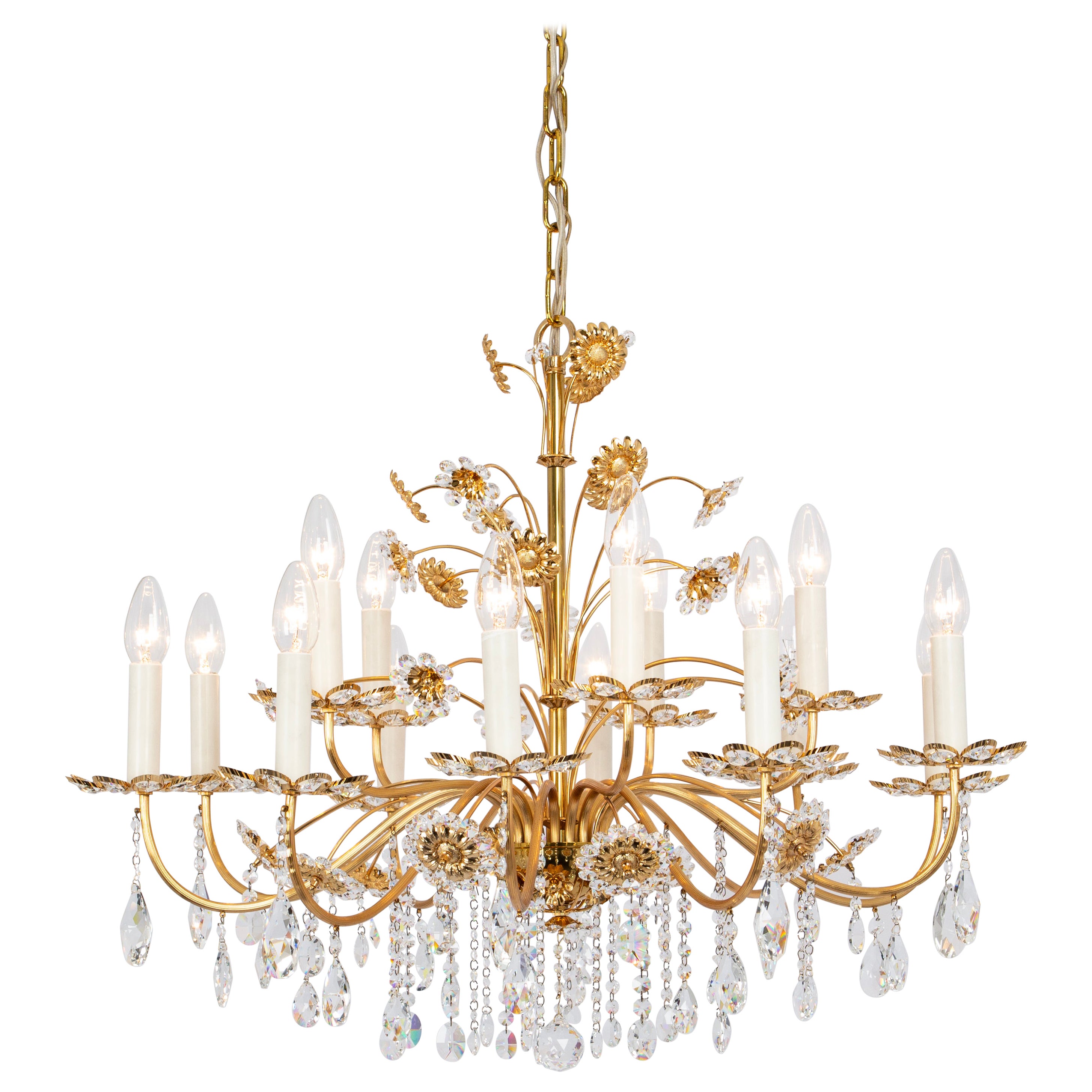 Large Gilt Brass Flower Shape Chandelier by Palwa, Germany, 1970s