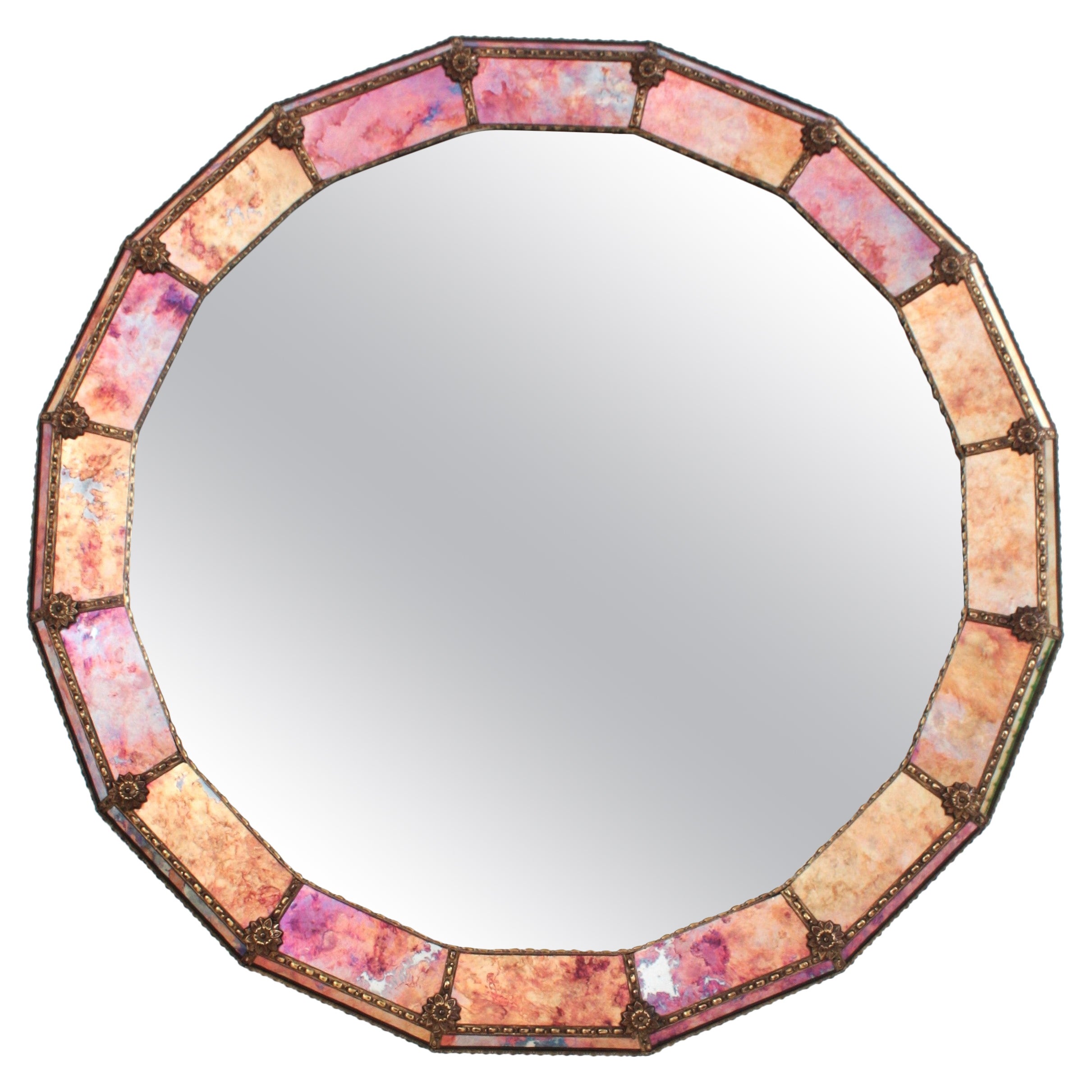 Venetian Style Round Mirror with Pink Purple Orange Glass and Brass Frame