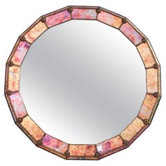 Vintage Venetian Style Round Mirror with Pink Purple Orange Glass and Brass Frame