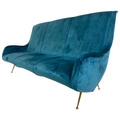 Mid-century vintage Italian blue velvet sofa in the manner of Gio Ponti
