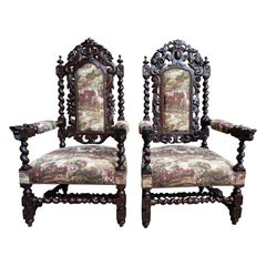 PAIR Set Antique French Arm Chair Dining Fireside Barley Twist Horse Hunt Hounds