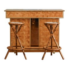 Pressed bamboo bar cabinet, complete with bamboo stools, 1970s