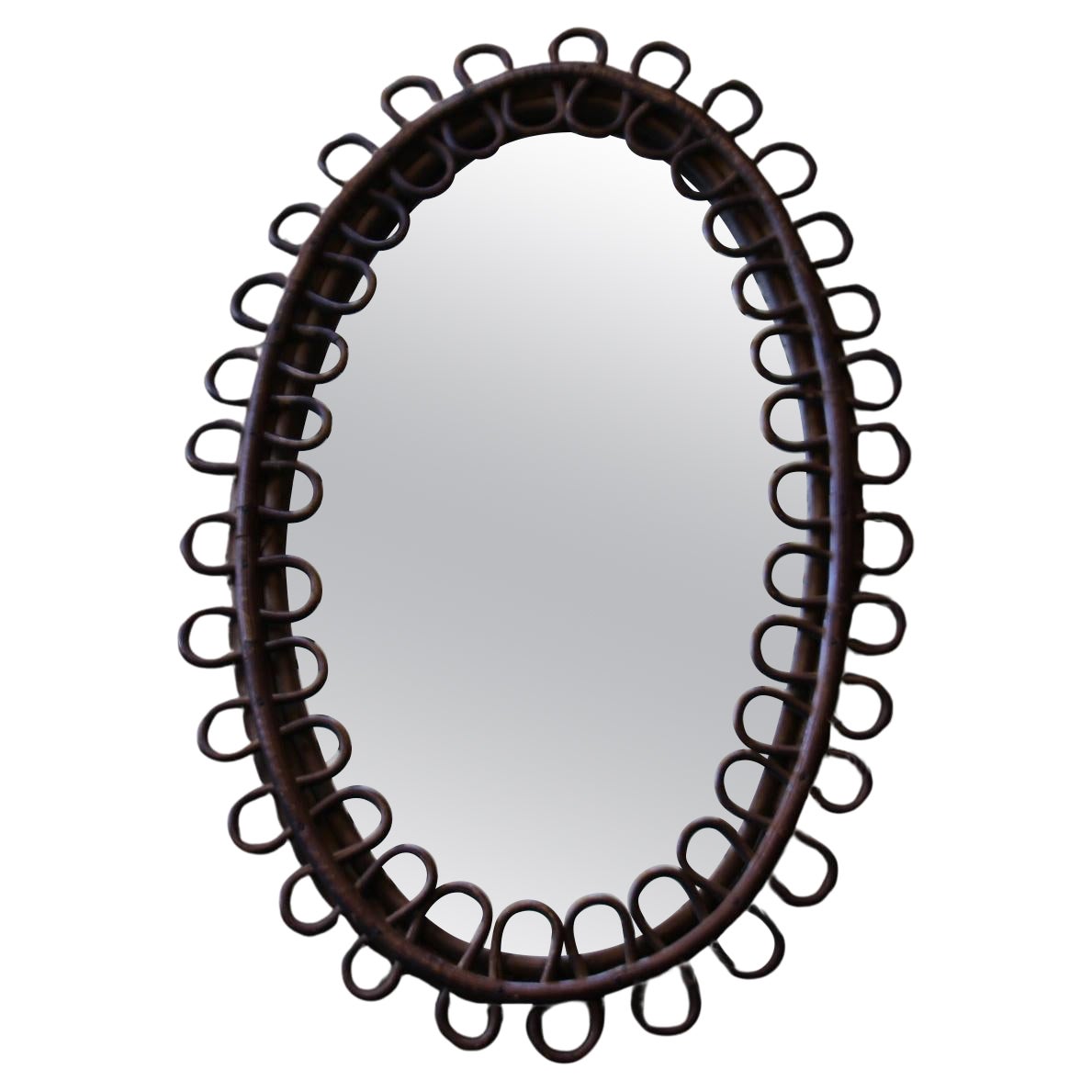 Vintage 1960s Rattan and Bamboo Oval Wall Mirror by Franco Albini