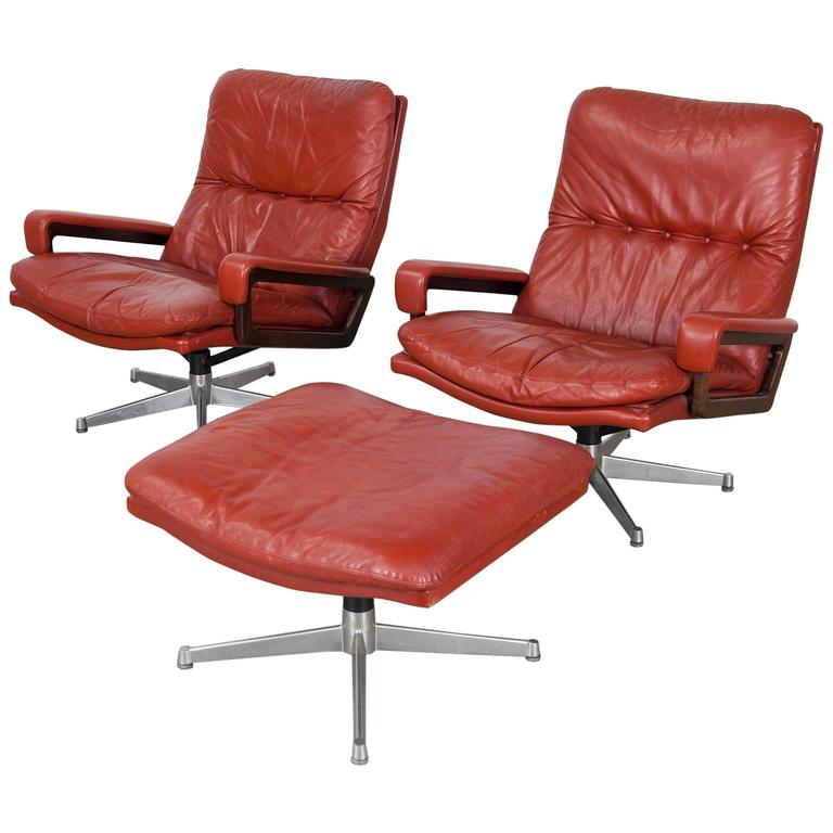 Set of Two "King" Lounge Chairs and Ottoman by Strässle, Switzerland at