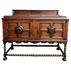 Antique English Sideboard Server Buffet BARLEY TWIST Carved Tiger Oak Jacobean