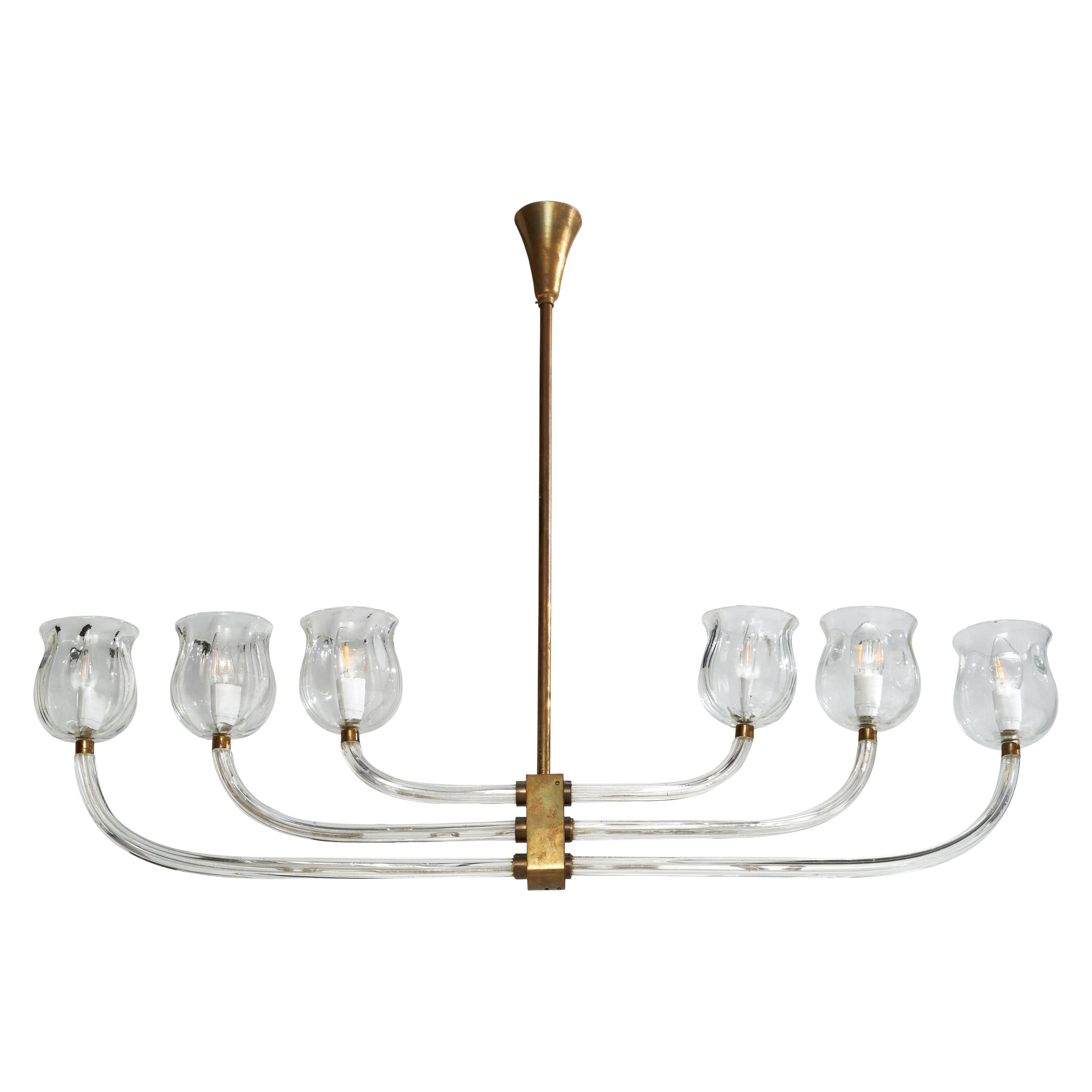 Seguso Vetri d'Arte Attribuzione, lampadario, vetro di Murano, ottone, Italia, anni '30 in vendita