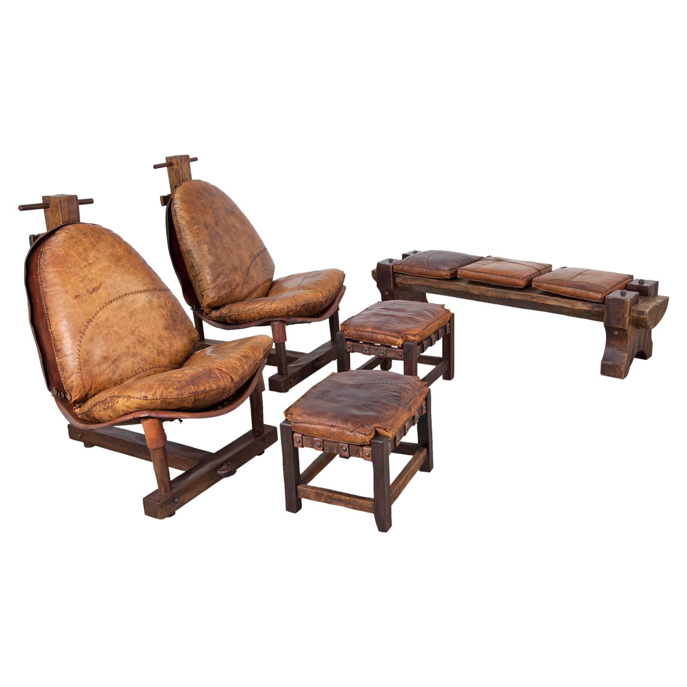 Extravagant Seating Group, Two Lounge Chairs with Ottomans and Bench, Rosewood For Sale