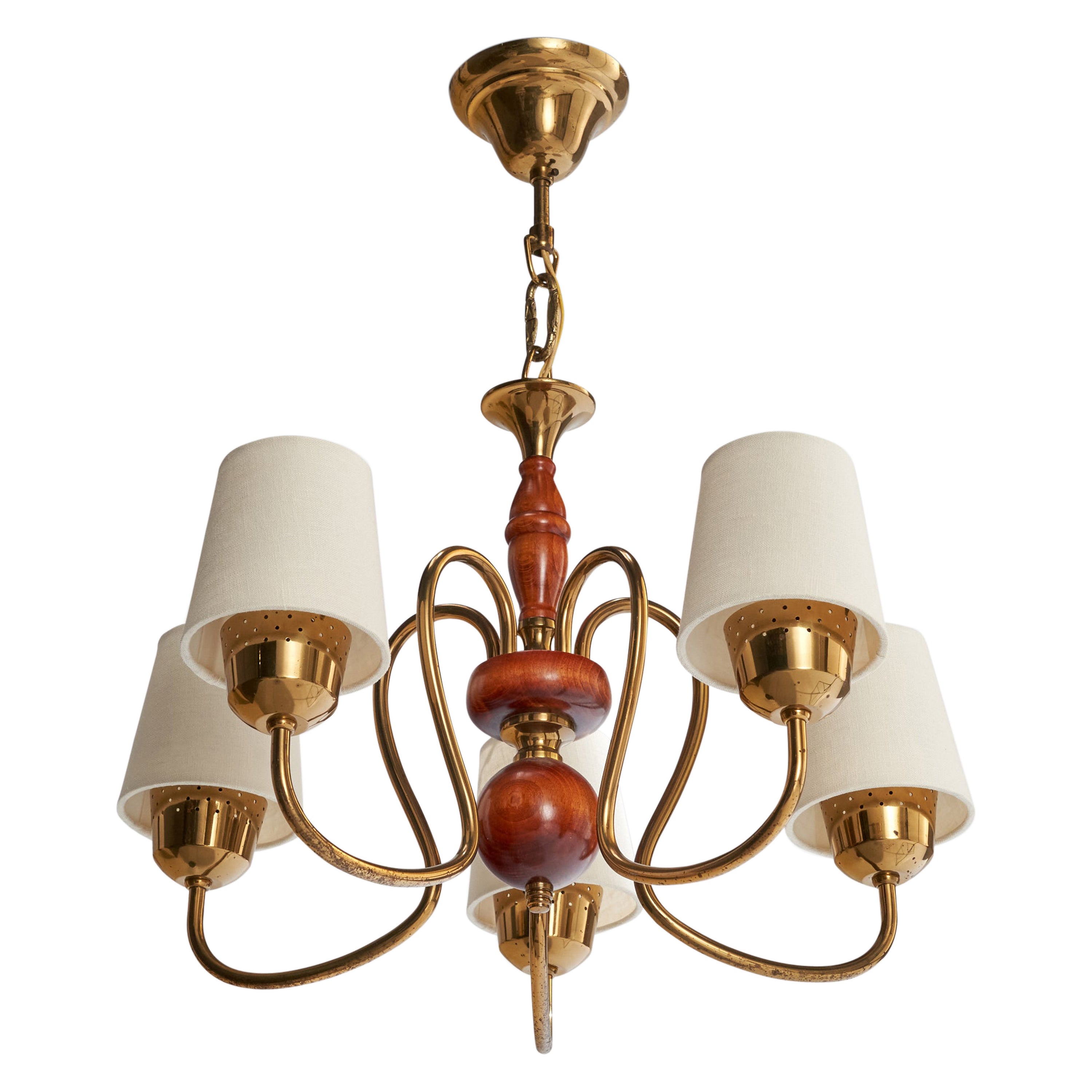 Swedish Designer, Chandelier, Brass, Wood, Fabric, Sweden, 1940s