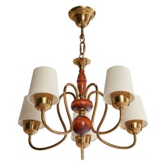 Swedish Designer, Chandelier, Brass, Wood, Fabric, Sweden, 1940s