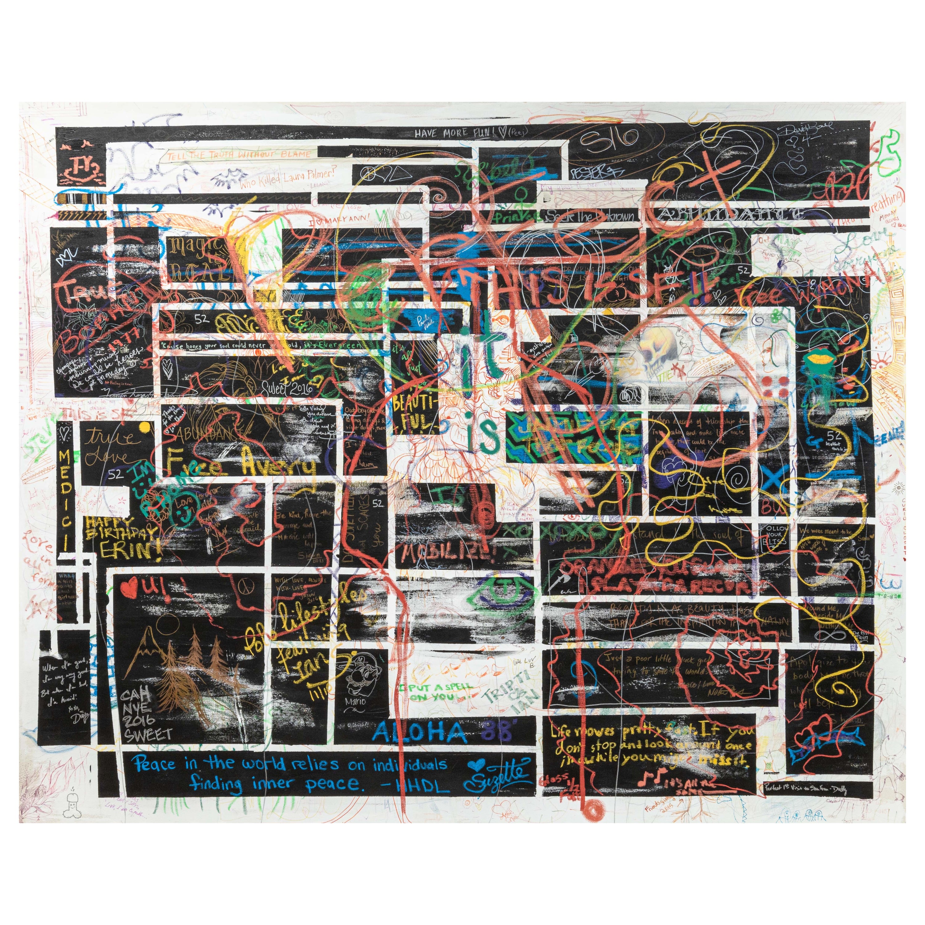 San Francisco CA Artist Collective Signed Mixed-Media Painting on Linen 2000s