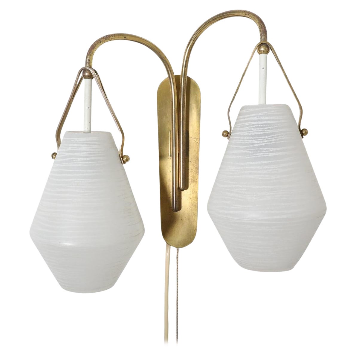 Mauri Almari Style 1950's Mid-Century Brass Double Milk Glass Shade Sconce