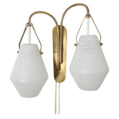 Mauri Almari Style 1950's Mid-Century Brass Double Milk Glass Shade Sconce