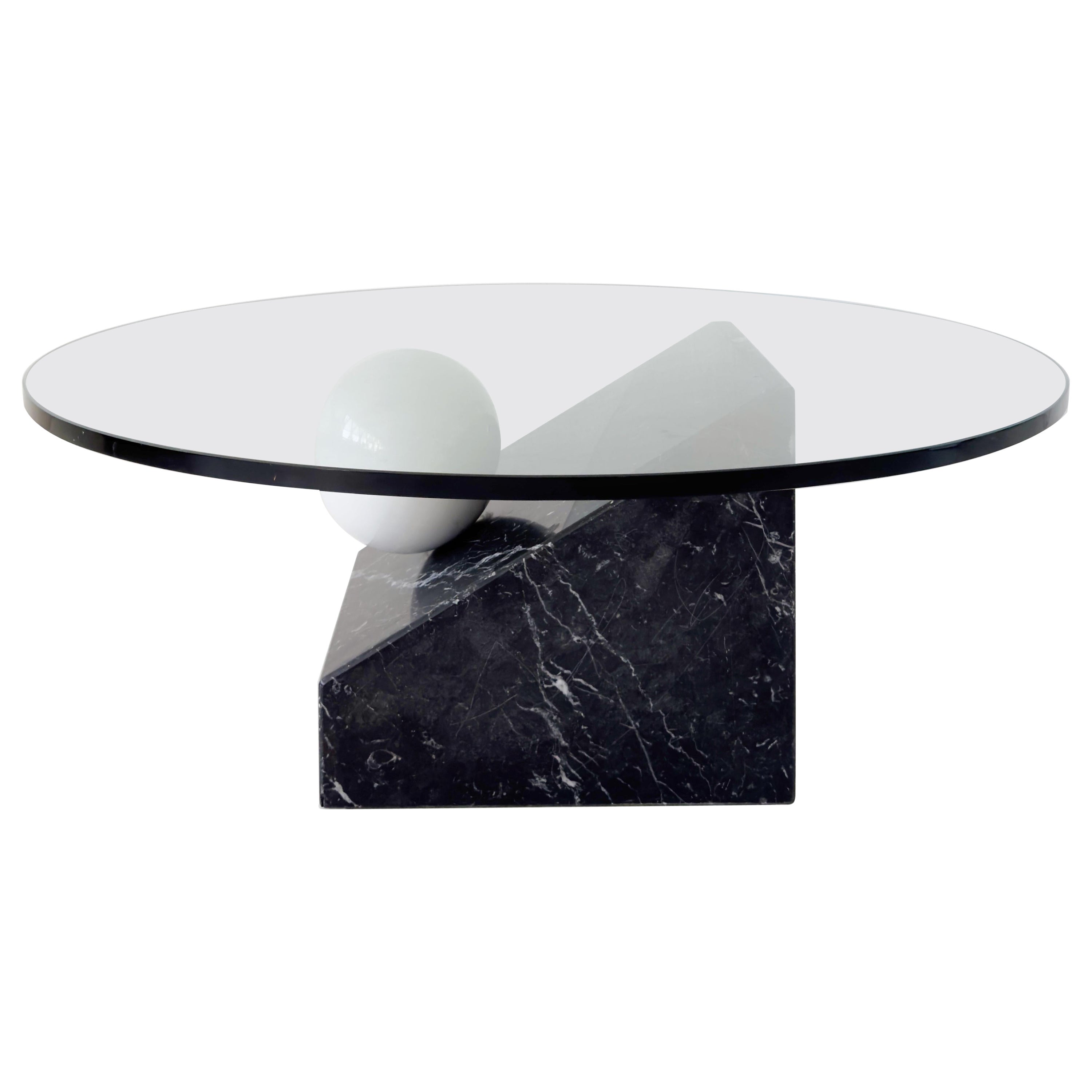 Asymmetrical Postmodern Marble Sphere Coffee Table with Round Glass Top