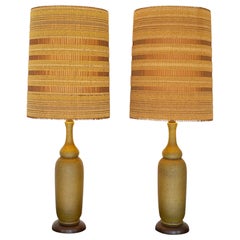 Pair of Haeger Volcanic Glaze Olive Green Cermaic Lamps Maria Kipp Shades Italy