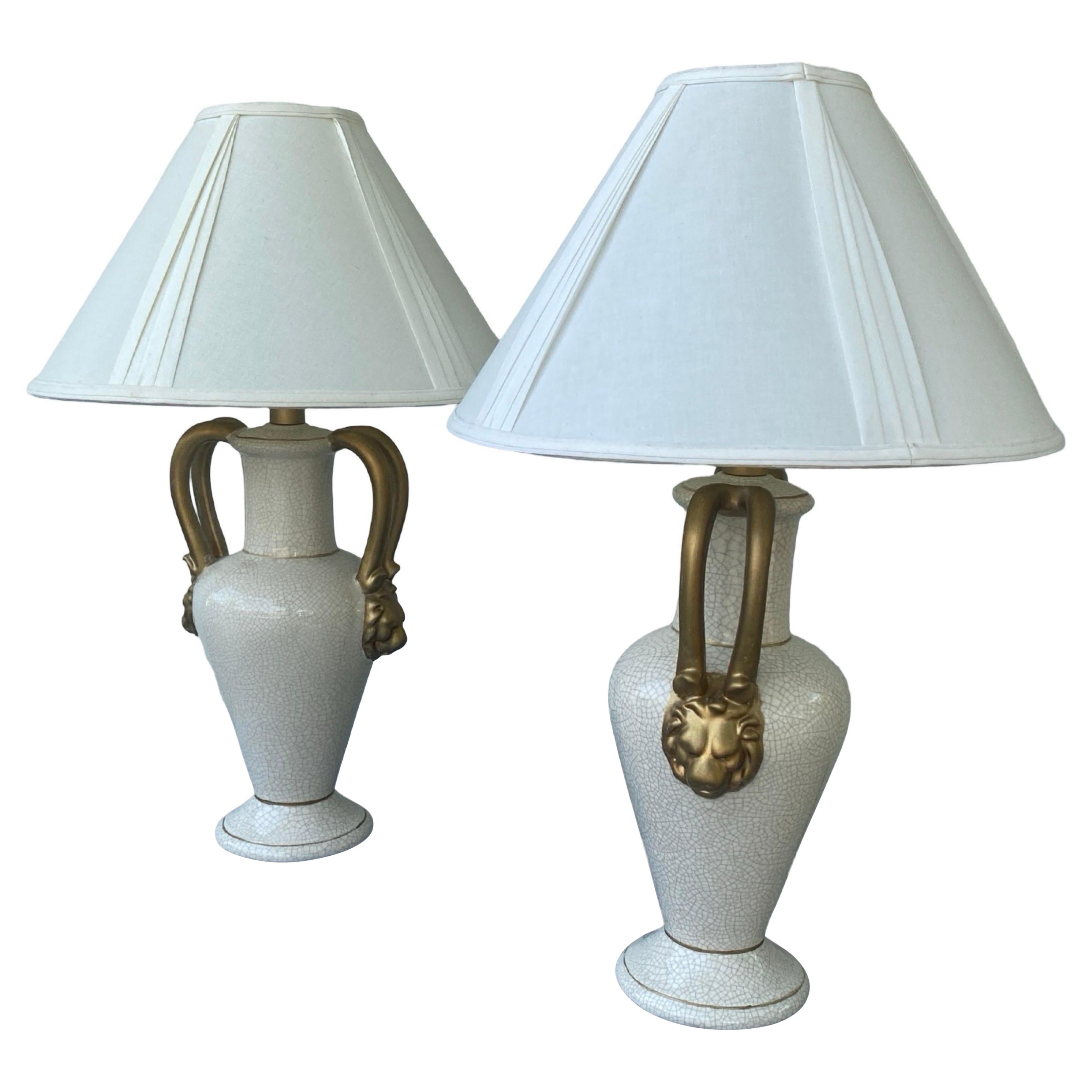 Pair of Vintage Classic  Gargoyle Table Lamps in White and Gold by Jaru Ceramic