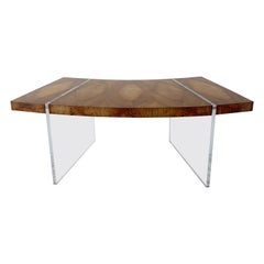 Floating Curved Cerejeira Grain Desk with Lucite Legs