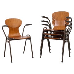 Mid-Century Fritz Hansen Style Teak Stacking School Chairs with Arms