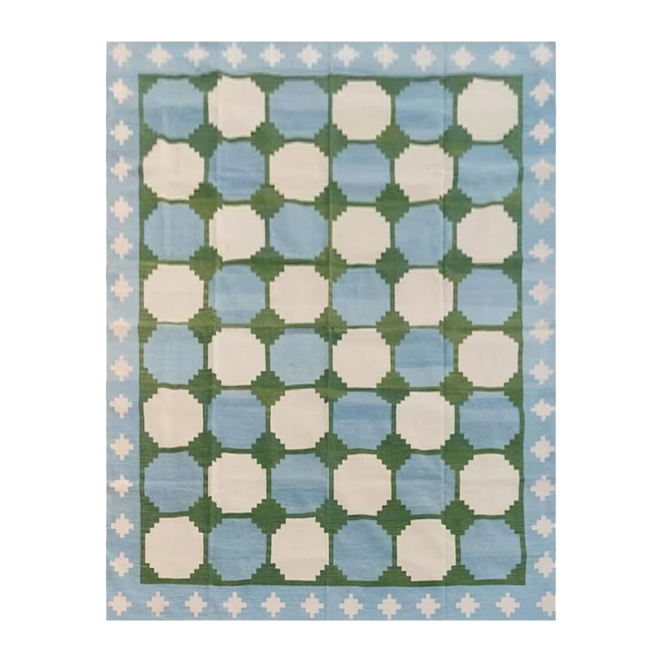 Handmade Cotton Area Flat Weave Rug, 9x9 Sky Blue And Green Tile Indian Dhurrie For Sale