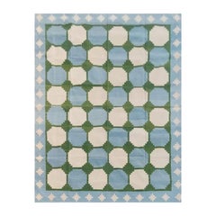 Handgefertigter Flachgewebe-Teppich aus Baumwolle, 9x9 Himmelblau und grün gefliest Indisch Dhurrie