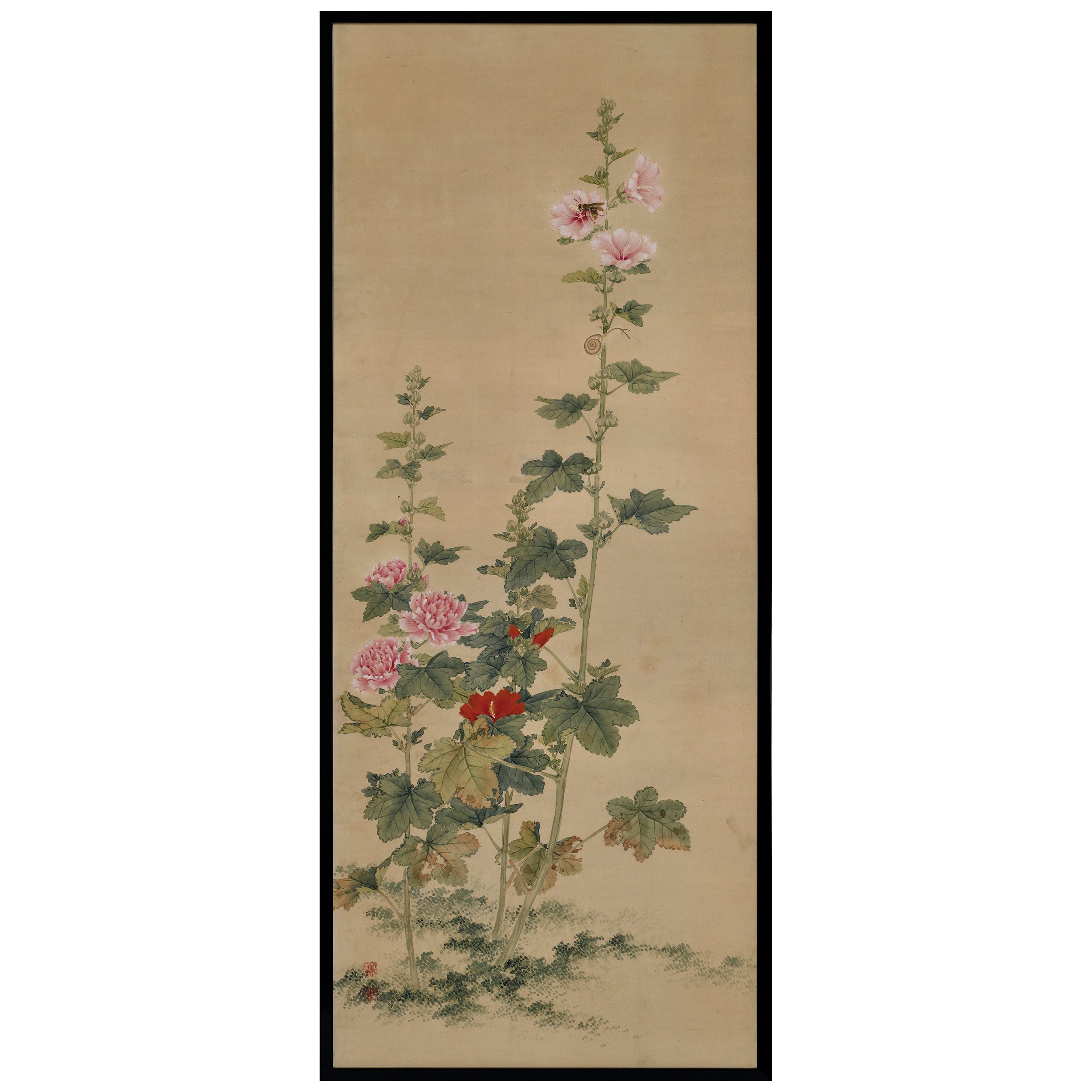 Mid 19th Century Framed Japanese Painting. Snail, Wasp & Hollyhock.