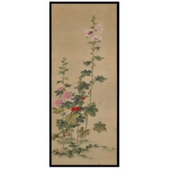 Mid 19th Century Framed Japanese Painting. Snail, Wasp & Hollyhock.