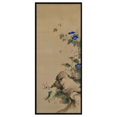 Peinture japonaise encadrée du milieu du 19e siècle. Spider & Morning Glory