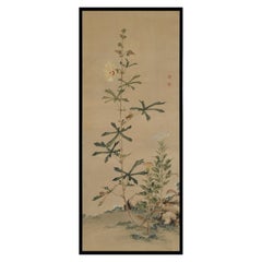 Antique Mid 19th Century Framed Japanese Painting. Grasshopper & Hibiscus.