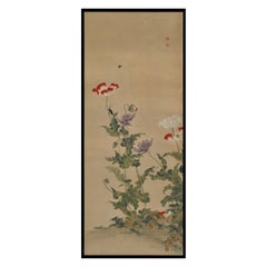 Mid 19th Century Framed Japanese Painting. Longhorn Beetle & Poppies.