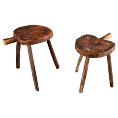 Sgabelli scultorei rustici in Oak, design primitivo anni '30, essenziali e deco