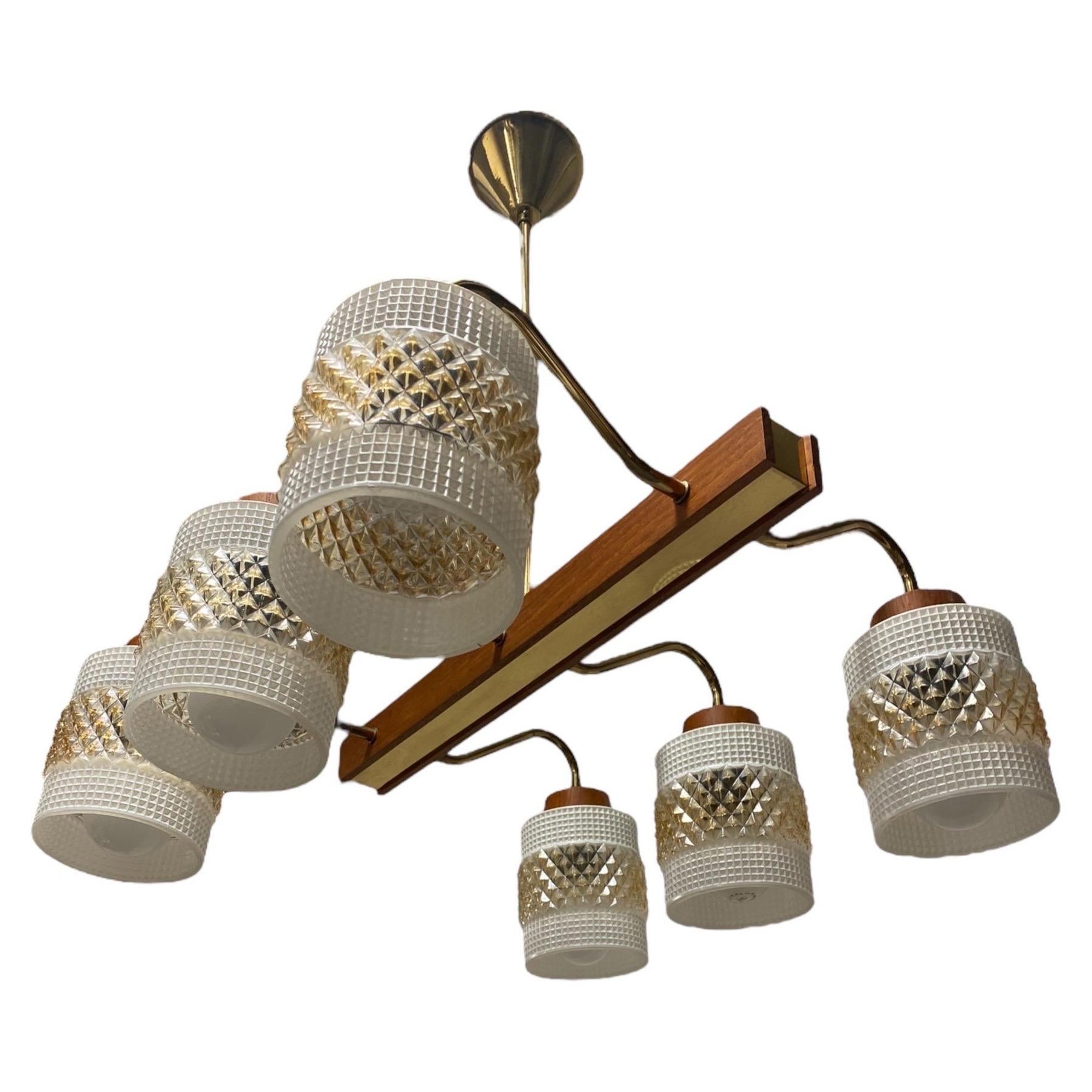 Mid-Century Modern Ceiling Pendant in Brass, Glass and Teak, Aris Finland 1960s For Sale