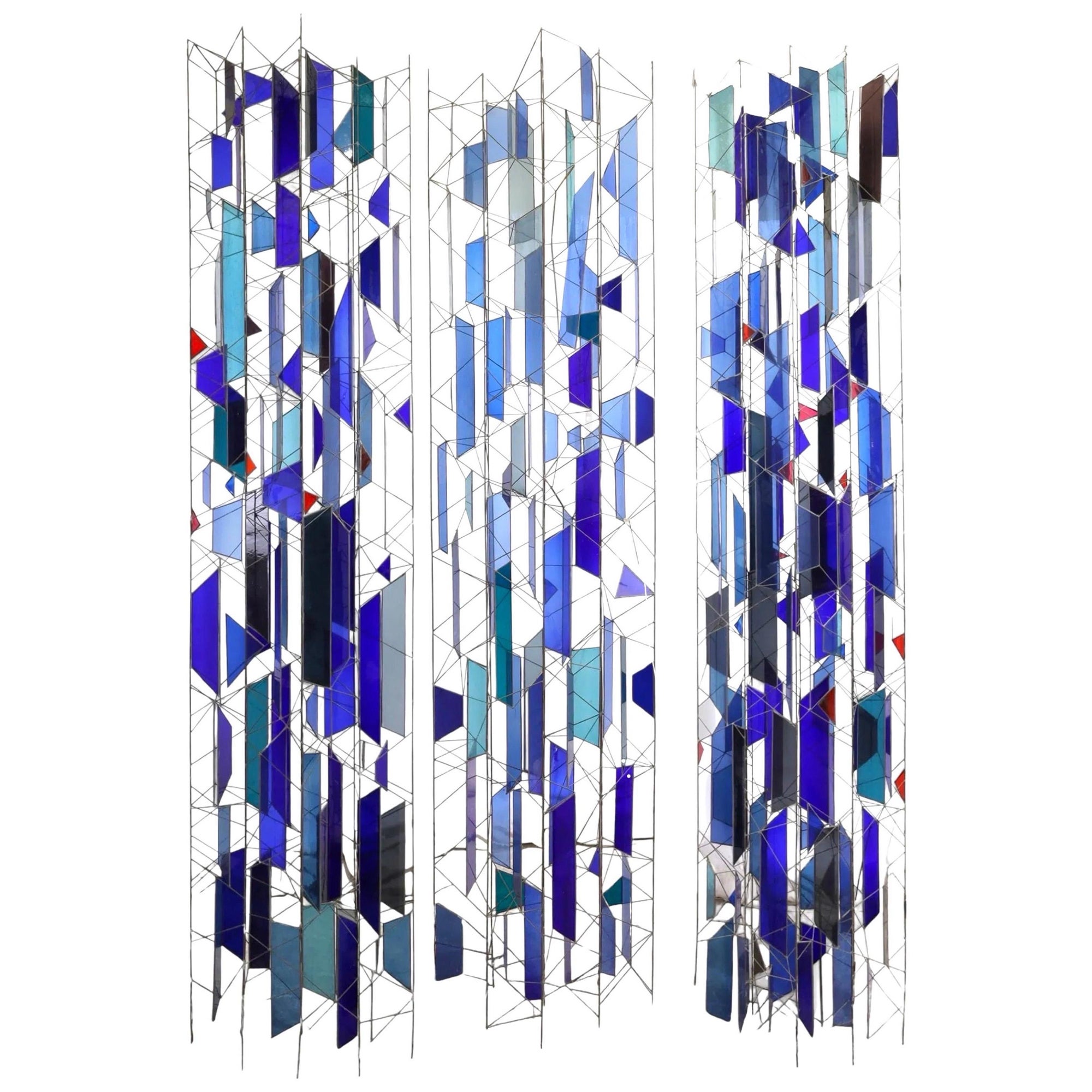 Sculptural Stained Glass Tri-Partite Screen, Room Divider, Blue, J. Ferguson USA
