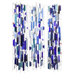 Schermo scultoreo in vetro colorato tripartito, divisorio per ambienti, blu, J. Ferguson USA