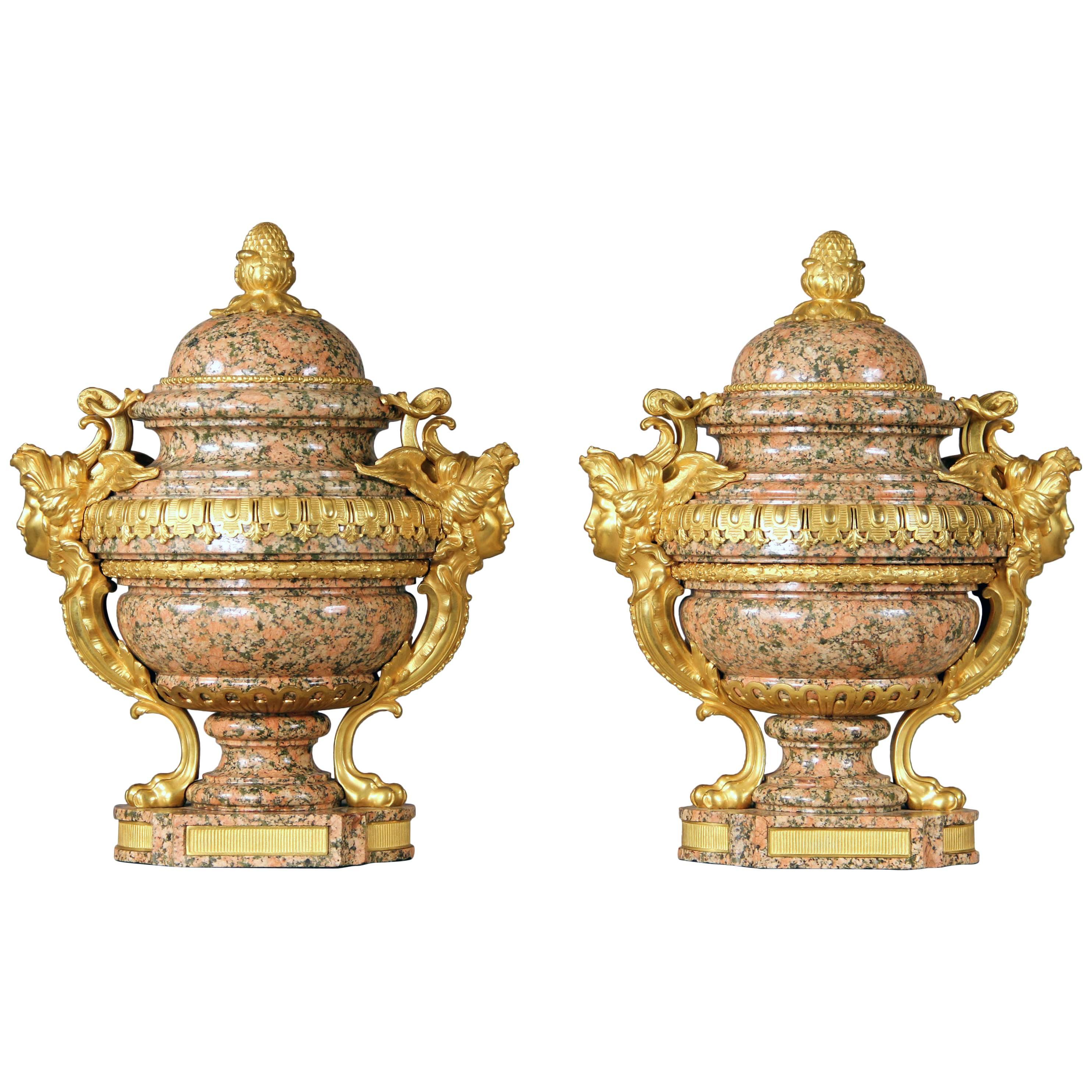 Pair of Late 19th-Early 20th Century French Bronze-Mounted Pink Granite Urns