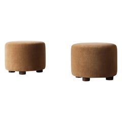 Pair of Low Round Ottomans / Footstools in Pure Golden Brown Alpaca