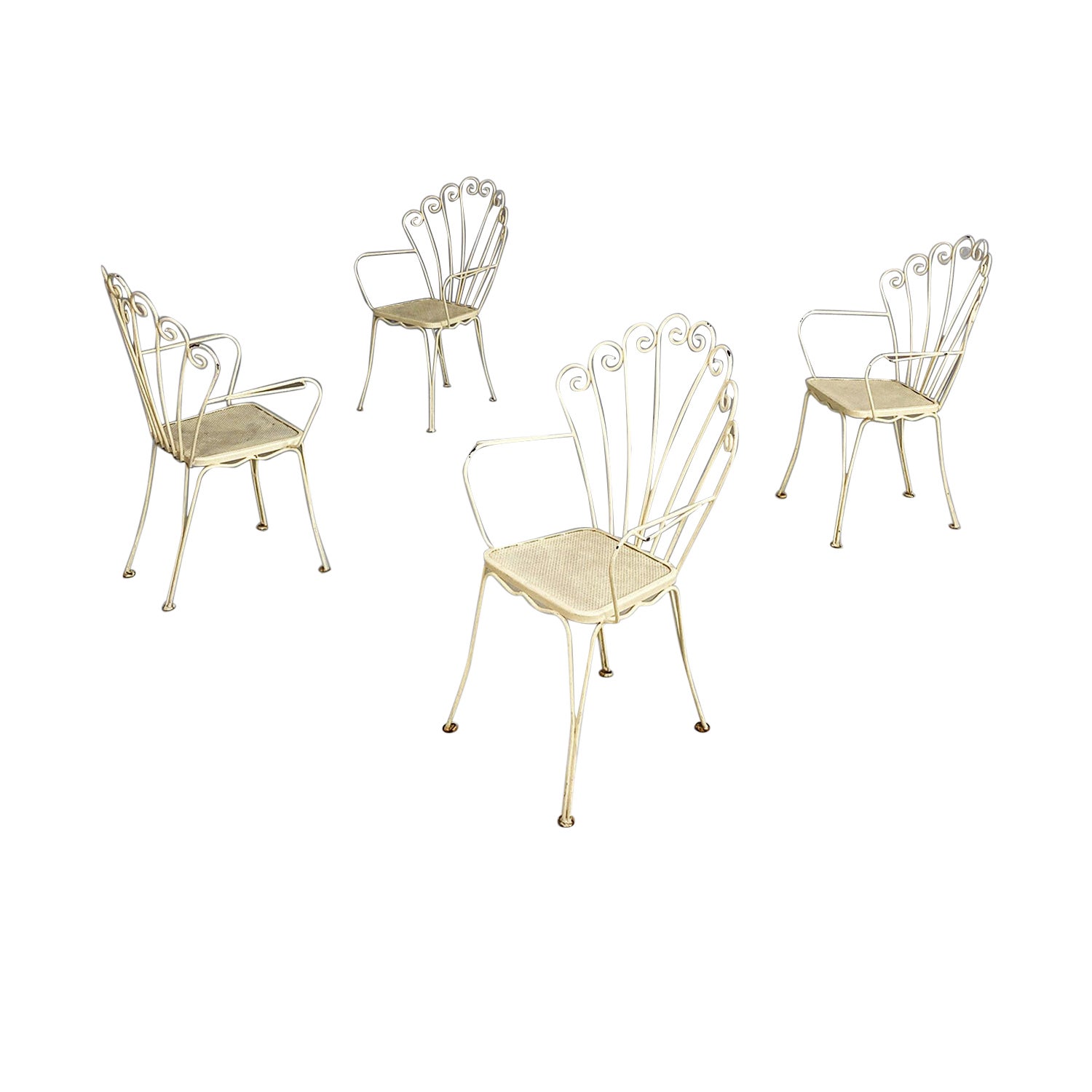 Italian mid-century four white wrought iron outdoor chairs with curls, 1960s