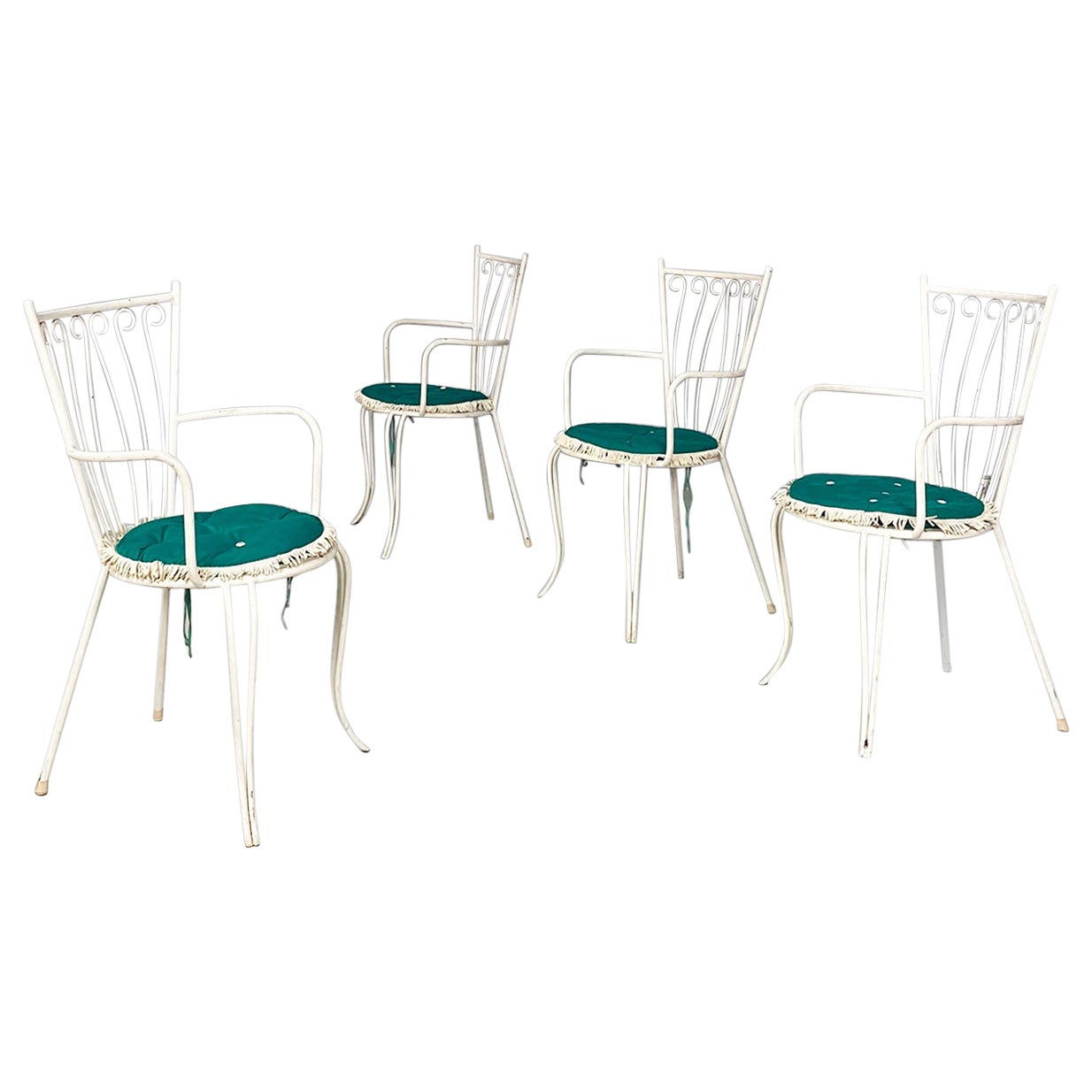 Italian mid century modern white iron garden chairs with green pillows, 1960
