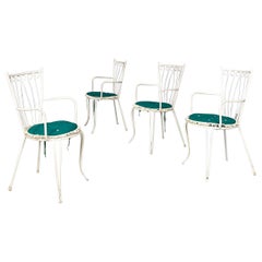 Italian mid century modern white iron garden chairs with green pillows, 1960