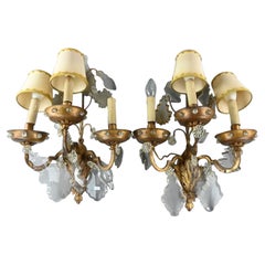 "Maison Bagues" Pair of Wall Lights in Gilded Metal and Glass  circa 1950