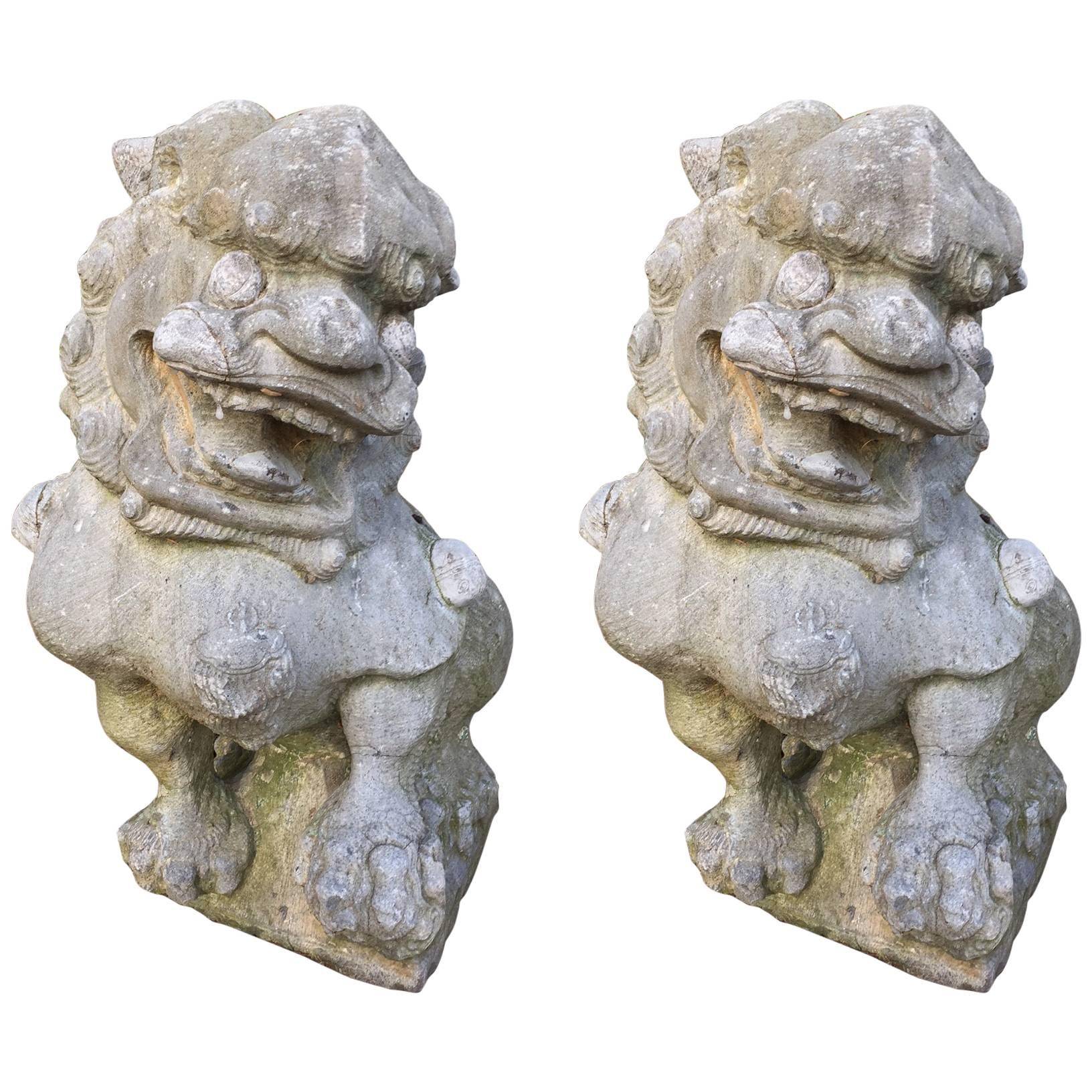 China Pair Large Antique Hand-Carved Guardian Lions Dogs for Garden or Home 